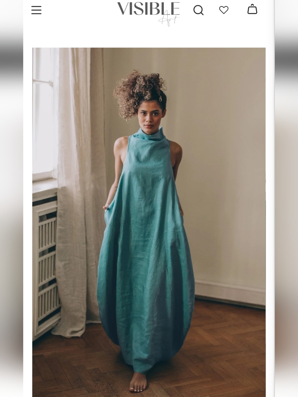 VISIBLE Art Cowl Neck 100% Linen Dress-Blue